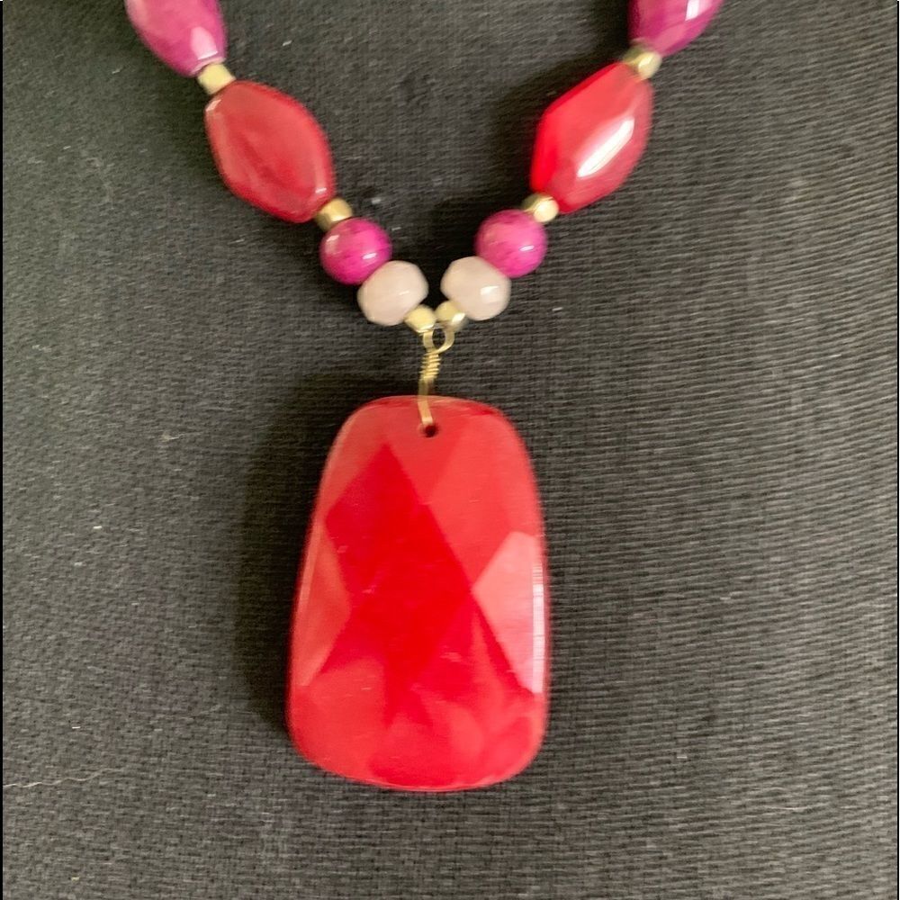 Boho, romantic, Red Stone pendant style necklace with red and pink beads. EUC - Picture 2 of 4